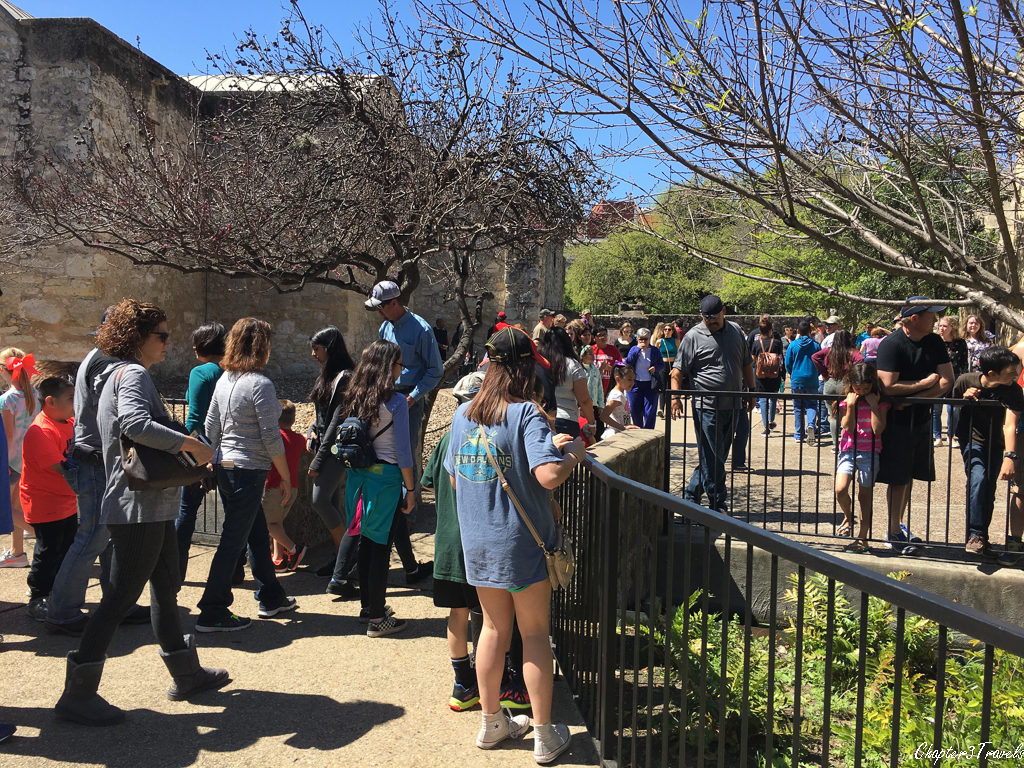 Crowds of people behind the Alamo.