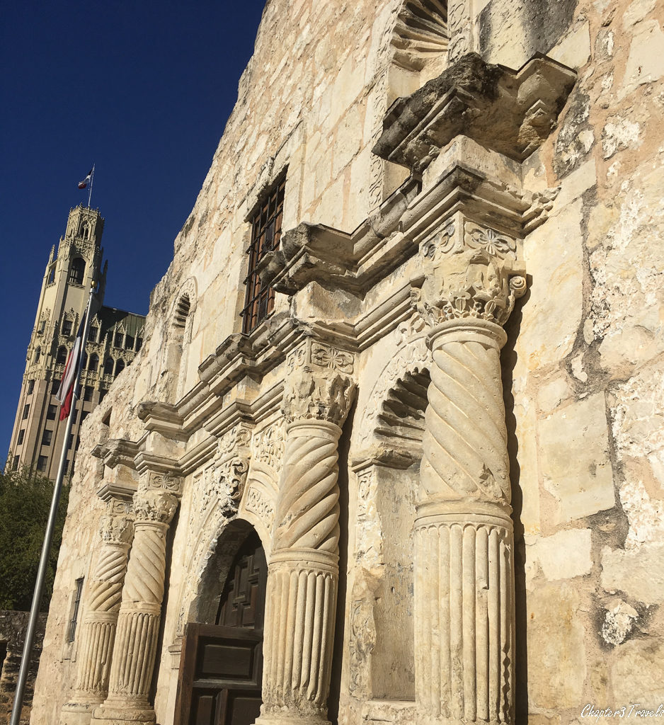 A close up view of the front of the Alamo