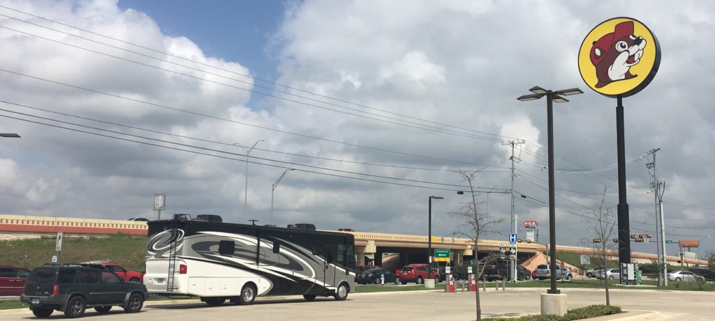 Barney and the Xterra parked in front of the Buc-ee's sign