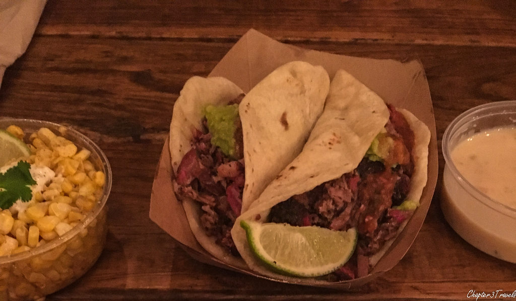 brisket tacos, corn, and queso