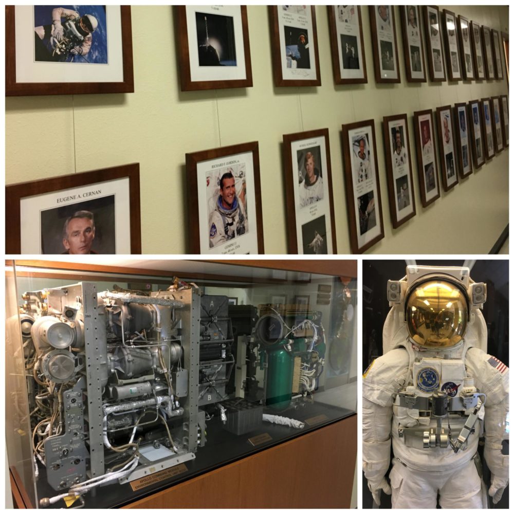 Collage of astronaut photos, a spacesuit, and equipment from Apollo 13, viewed during the Level 9 Tour