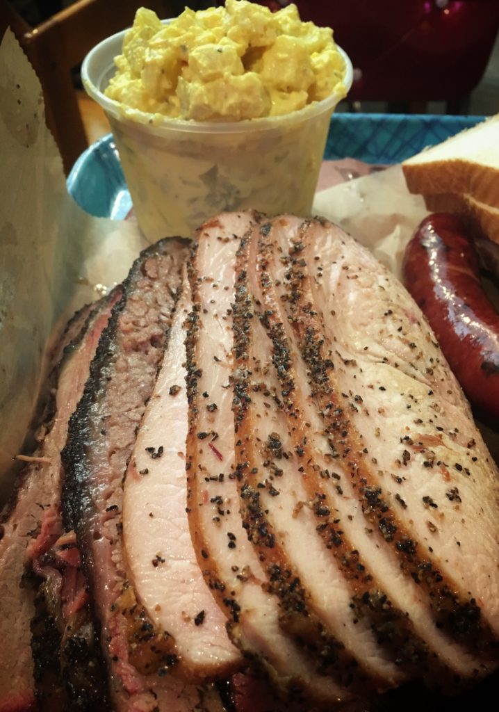 Brisket, turkey, sausages, potato salad.
