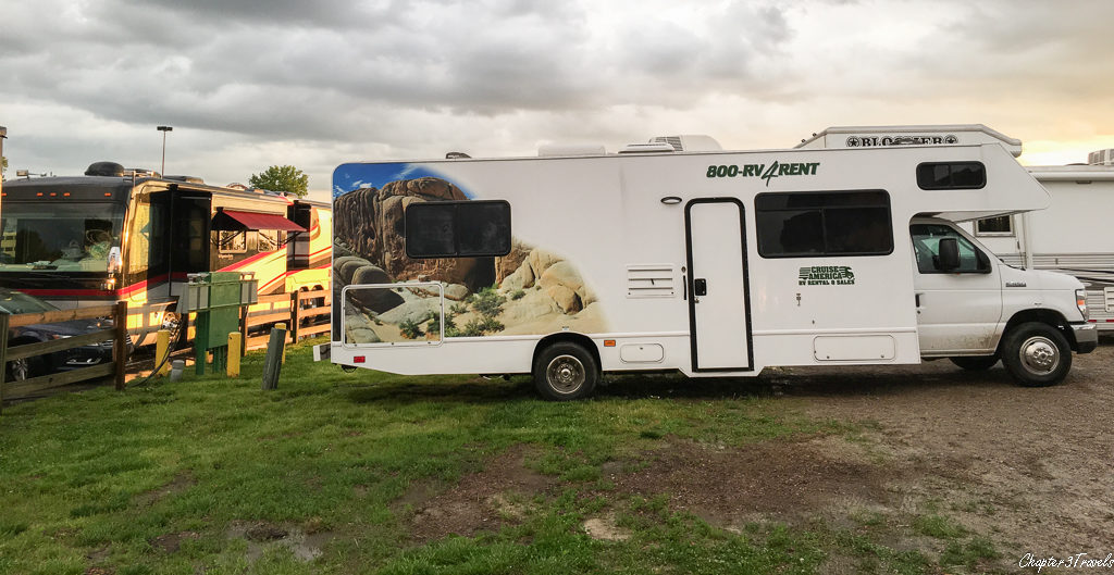 Rental RV parked on grassy area