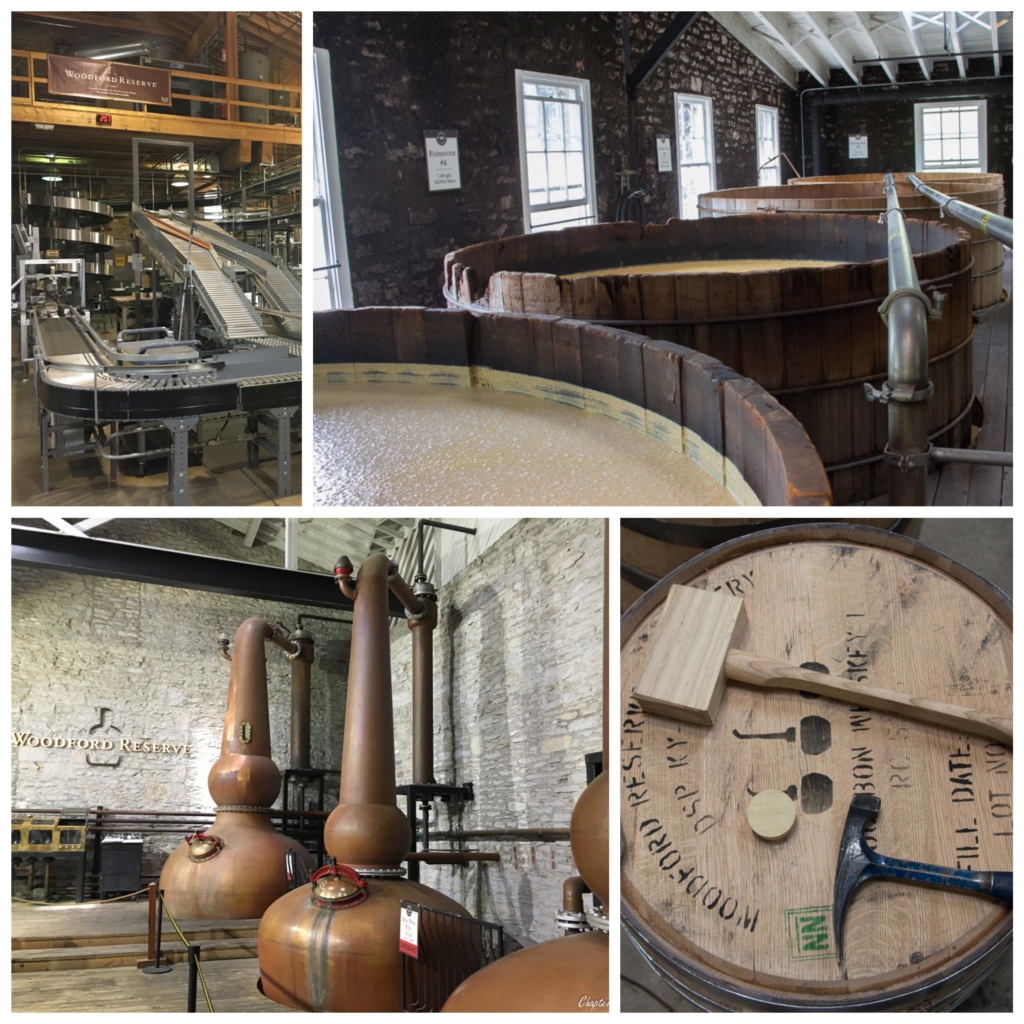 Collage of bottling area, fermentation vats, distillery, and barrel sealing tools from Woodford Reserve distillery tour.