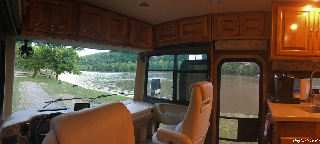 view from inside RV showing river