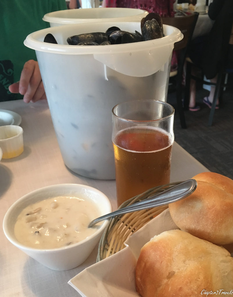 Mussels, chowder, and rolls at New Glasgow Lobster Supper in Prince Edward Island