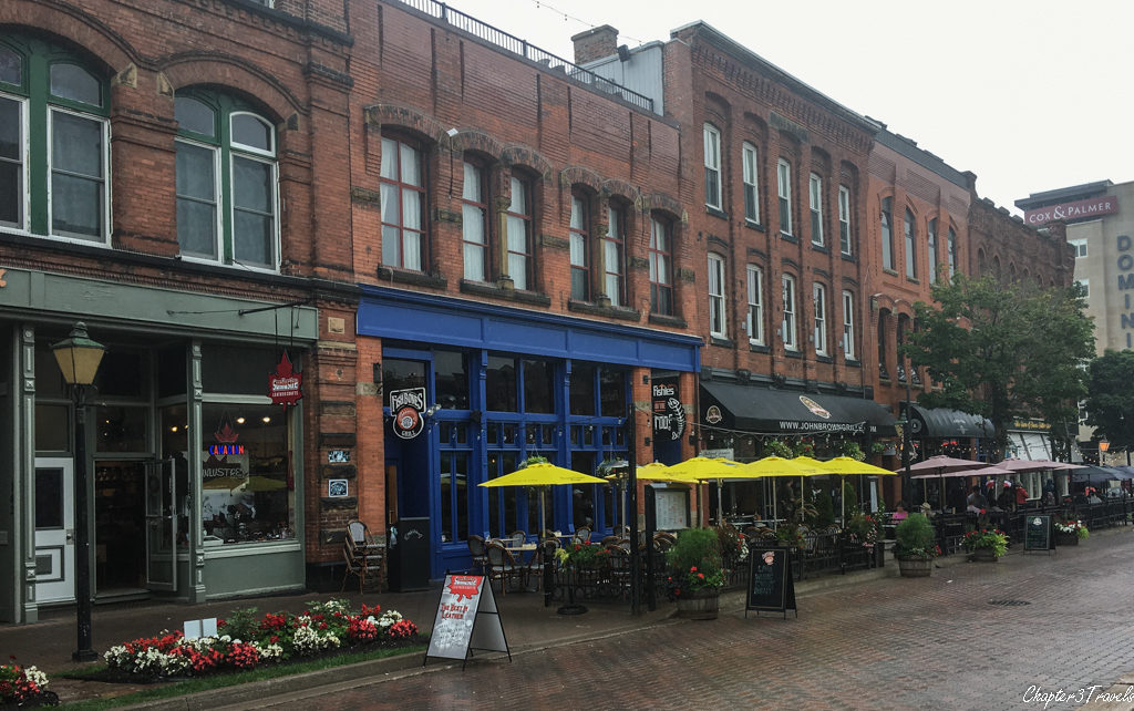 Victoria Row restaurants on a rainy day in Prince Edward Island