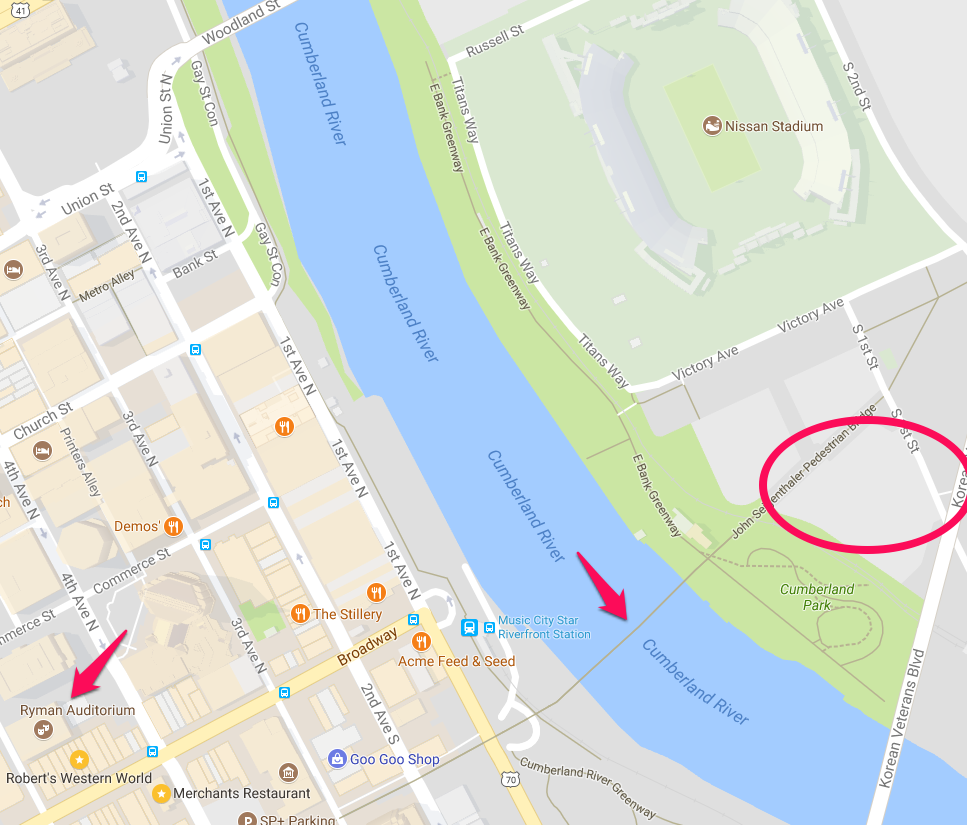 Map of Nashville showing Lot R, the pedestrian bridge to downtown, and the Ryman Auditorium