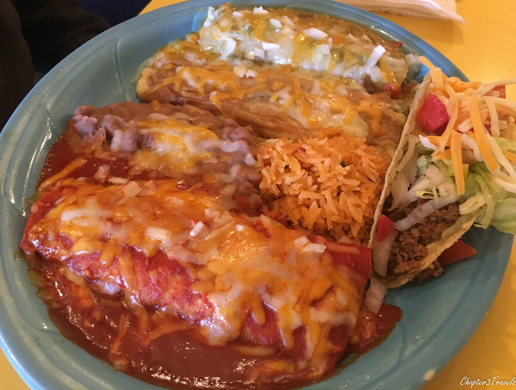 Enchiladas with red and green sauce at the Pepper Pot in Hatch, New Mexico