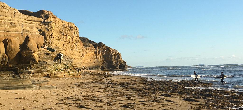 Surfers at Sunset Cliffs Park in San Diego, California