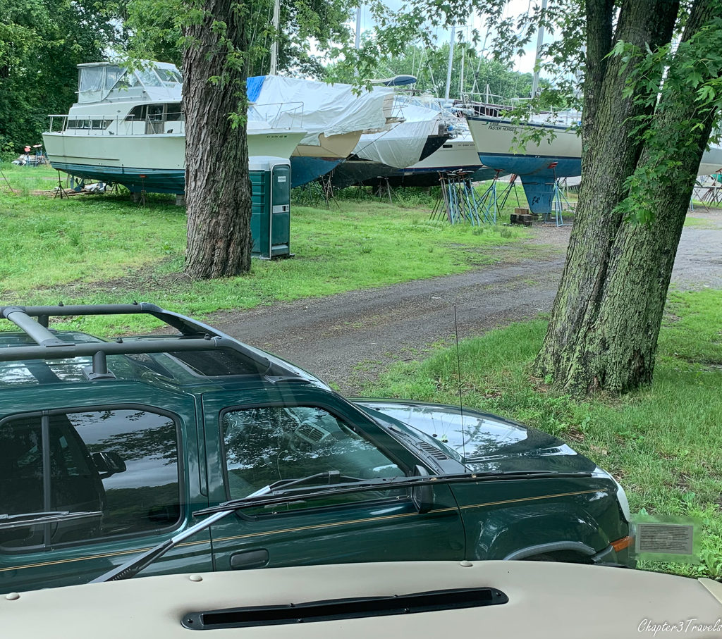 View of dry docked boats at Portland Riverside Campground