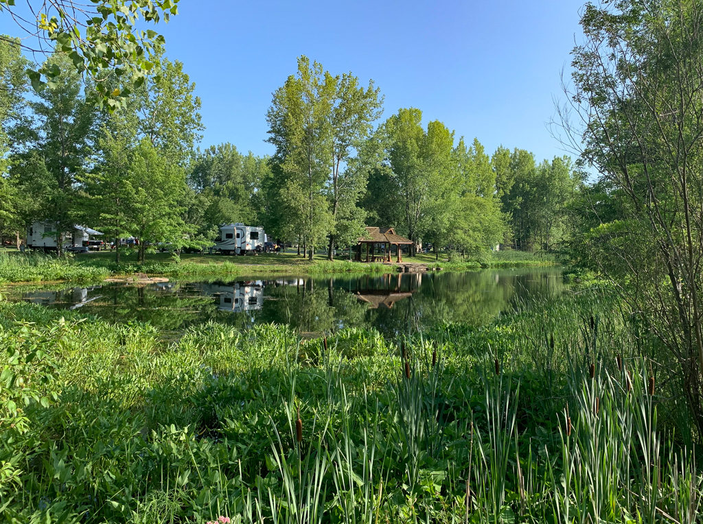 Pond surrounded by greenery at Turning Stone RV Park