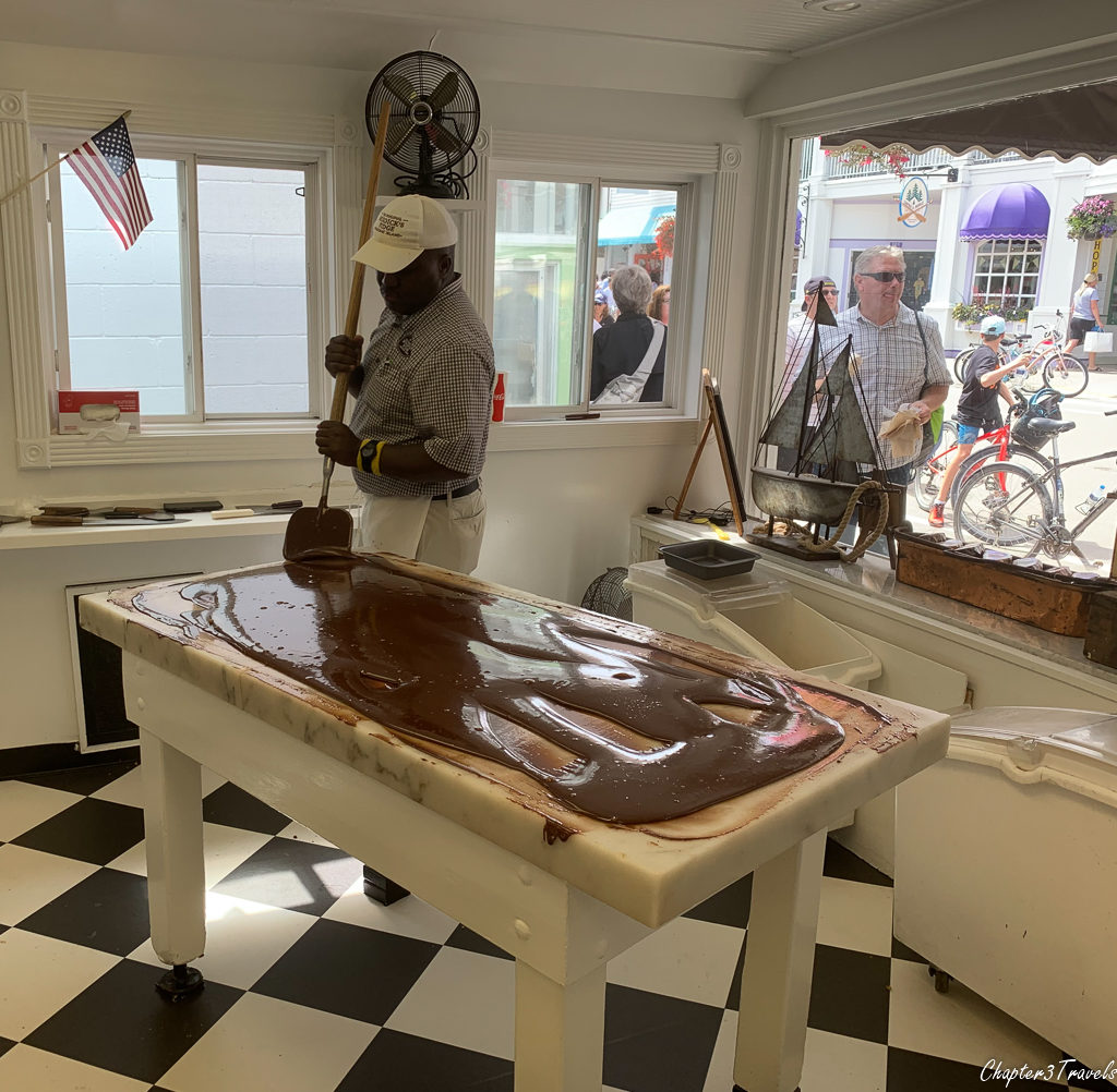 Employees making fudge at Murdick's Fudge in Mackinac Island