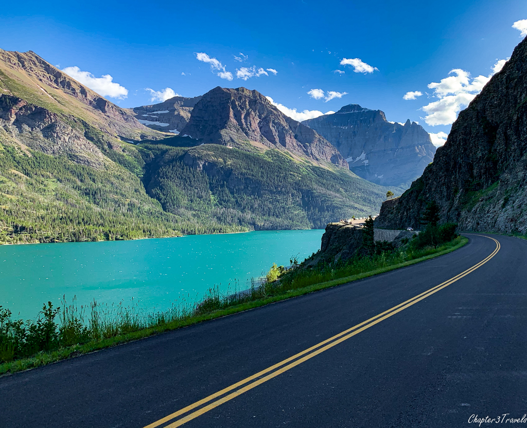 Roadside view of sunset on St. Mary Lake at Glacier National Park