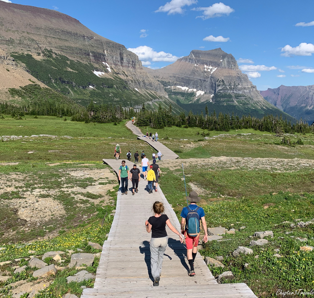 Visitors on the boardwalk of Hidden Lake Trail at Glacier National Park