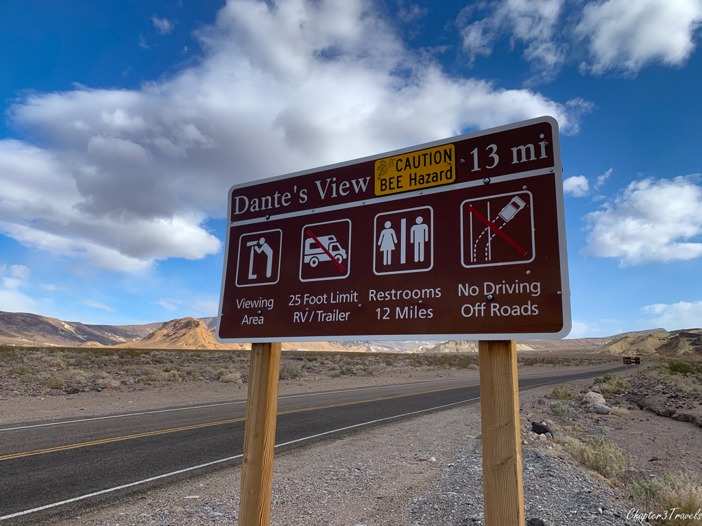 Road sign for Dante's View with "Bee Hazard" warning