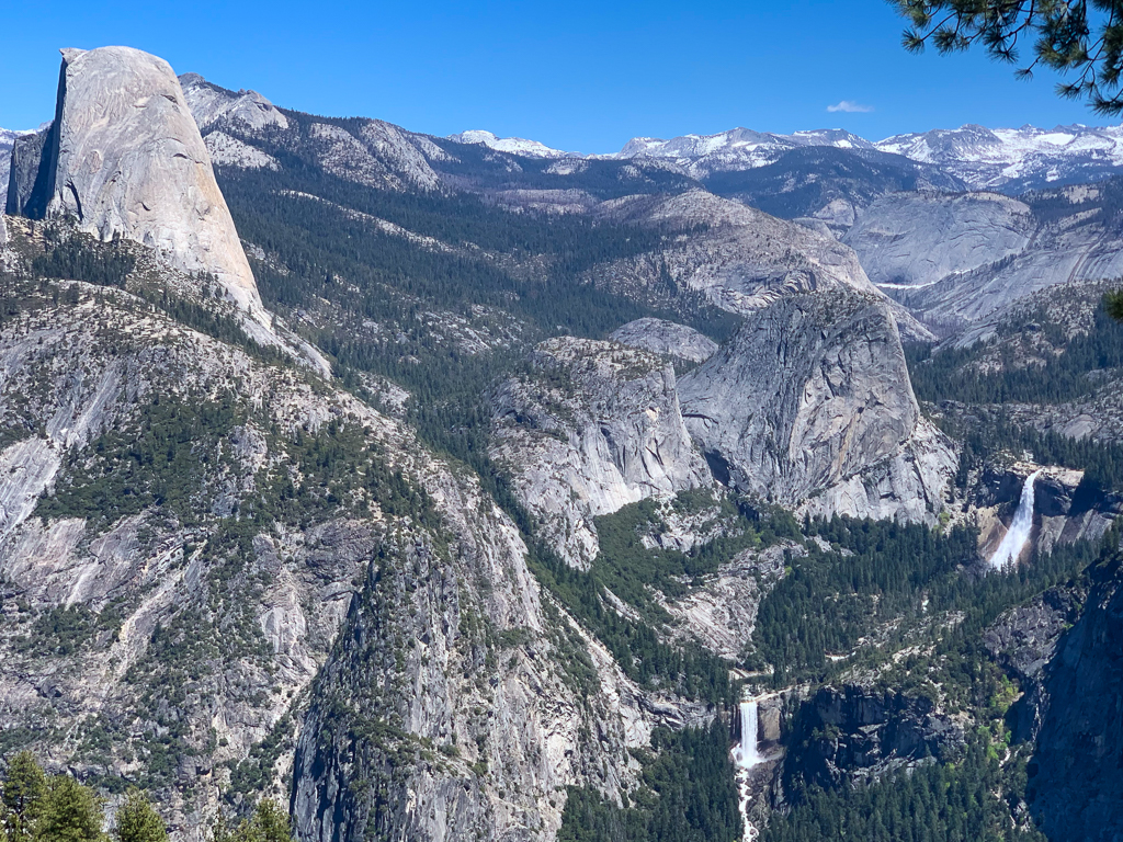Vernal and Nevada Falls behind Half Dome at Yosemite National Park