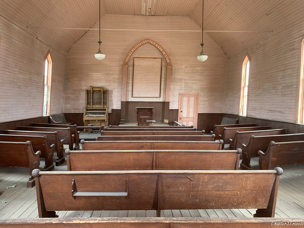 Interior of wood frame church in Bodie