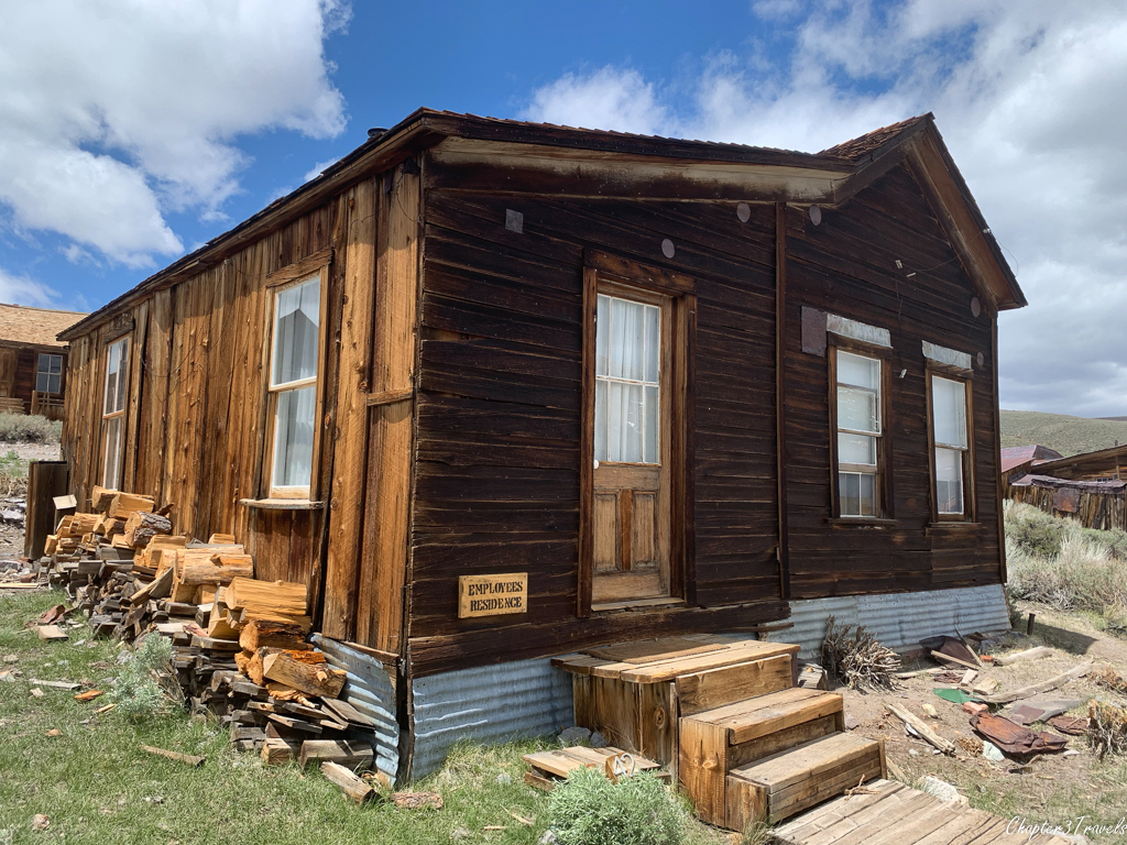 Old wood house in Bodie with sign that says "Employee's residence"